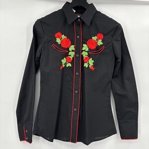 KARMAN 1980s SHIRT Cowboy EMBROIDERED ROSES Western Pearl Snap Button Size 14/16